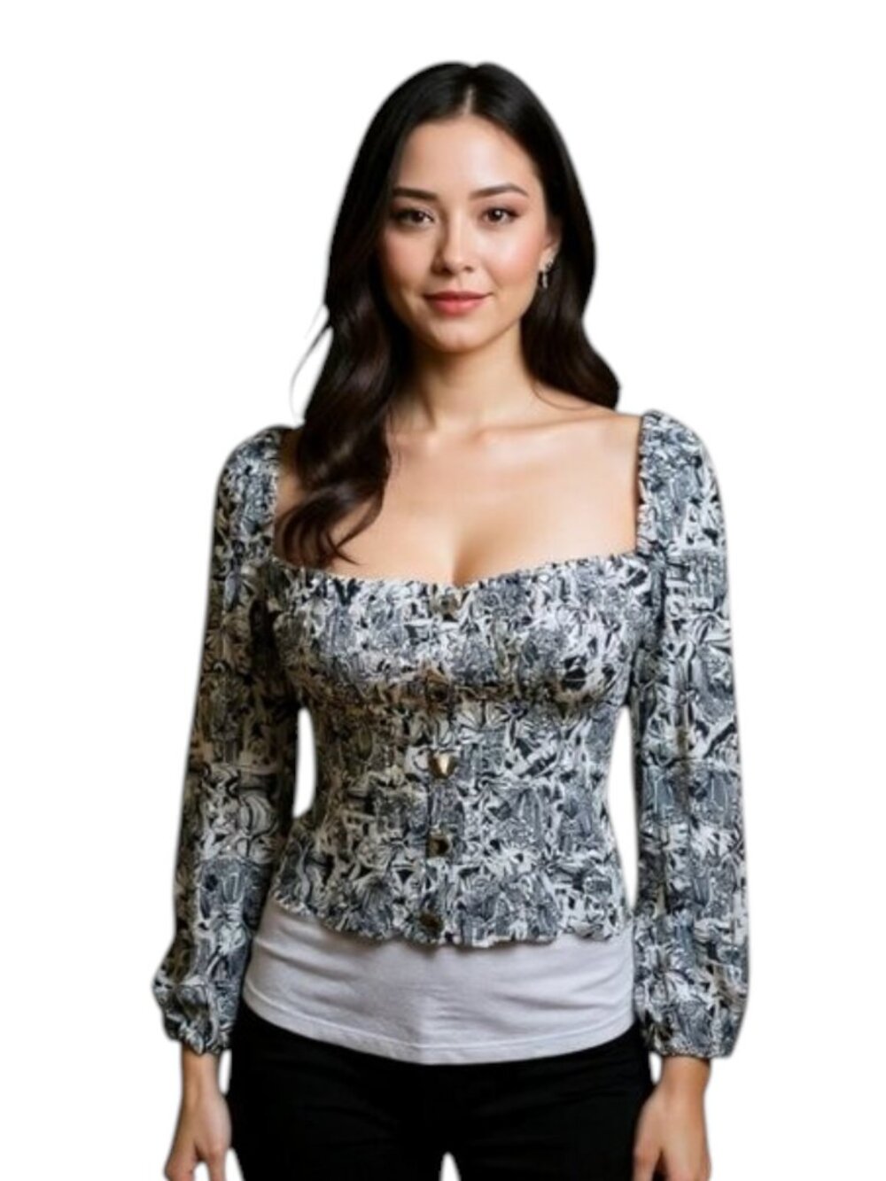ASTR Smocked Corset Floral Top Square Neck Puff Sleeve Black White Size Medium